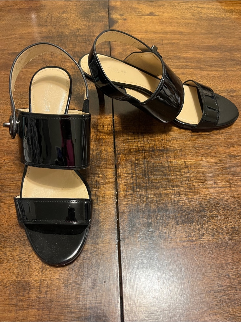 Coach Glossy Black Patent Open-Toe Slingback Turnlock Heels